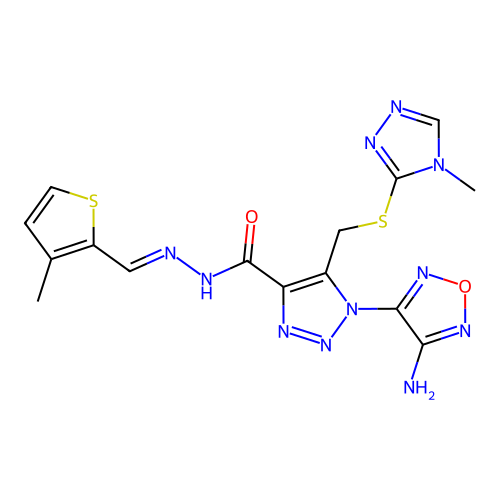 (E)-1-(4-amino-1,2,5-oxadiazol-3-yl)-5-(((4-methyl-4H-1,2,4-triazol-3-yl)thio)methyl)-N'-((3-methylthiophen-2-yl)methylene)-1H-1,2,3-triazole-4-carbohydrazide structure