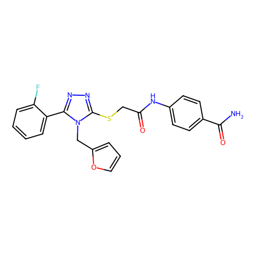 4-{2-[5-(2-fluorophenyl)-4-(2-furylmethyl)-1,2,4-triazol-3-ylthio]acetylamino} benzamide structure