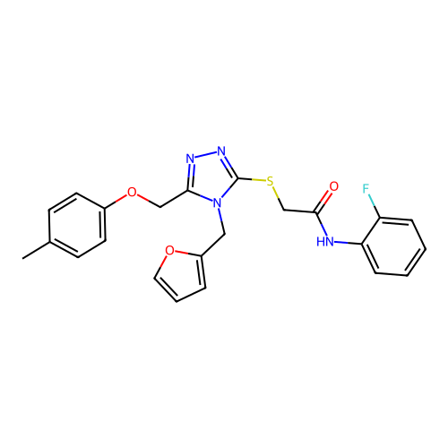 N-(2-fluorophenyl)-2-((4-(furan-2-ylmethyl)-5-((p-tolyloxy)methyl)-4H-1,2,4-triazol-3-yl)thio)acetamide structure