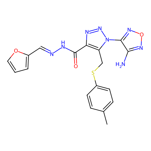 (E)-1-(4-amino-1,2,5-oxadiazol-3-yl)-N'-(furan-2-ylmethylene)-5-((p-tolylthio)methyl)-1H-1,2,3-triazole-4-carbohydrazide structure
