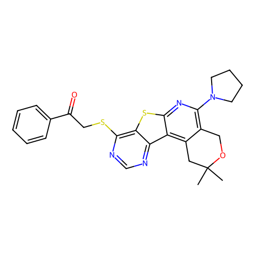 2-((2,2-dimethyl-5-(pyrrolidin-1-yl)-2,4-dihydro-1H-pyrano[4'',3'':4',5']pyrido[3',2':4,5]thieno[3,2-d]pyrimidin-8-yl)thio)-1-phenylethanone structure