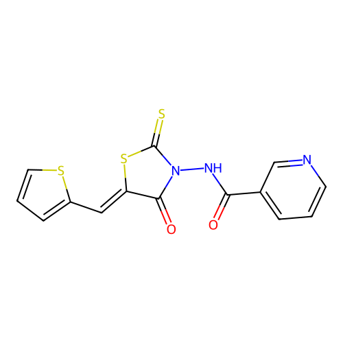 N-[(5Z)-4-oxo-2-sulfanylidene-5-(thiophen-2-ylmethylidene)-1,3-thiazolidin-3-yl]pyridine-3-carboxamide structure