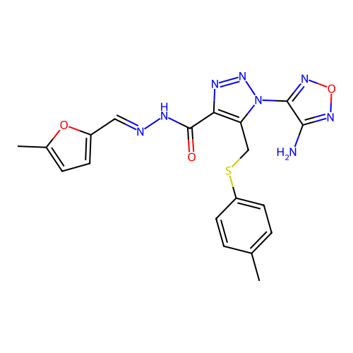 (E)-1-(4-amino-1,2,5-oxadiazol-3-yl)-N'-((5-methylfuran-2-yl)methylene)-5-((p-tolylthio)methyl)-1H-1,2,3-triazole-4-carbohydrazide structure