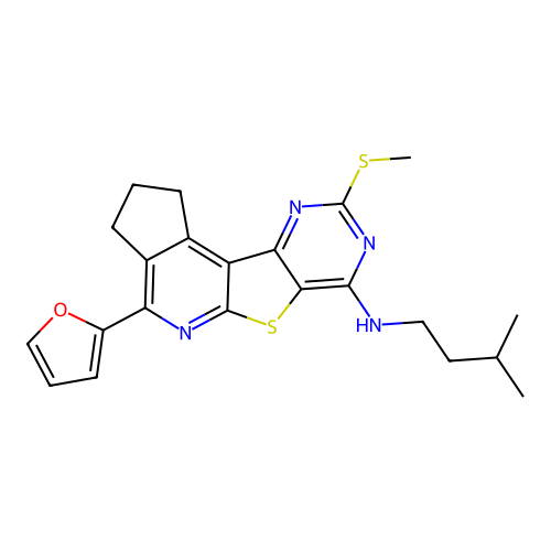 4-(furan-2-yl)-N-(3-methylbutyl)-9-(methylsulfanyl)-2,3-dihydro-1H-cyclopenta[4',5']pyrido[3',2':4,5]thieno[3,2-d]pyrimidin-7-amine structure