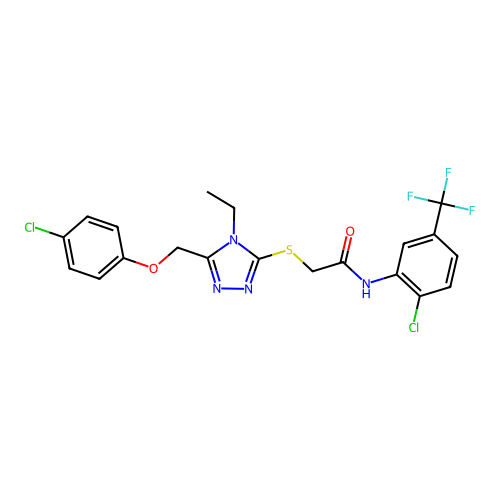 2-({5-[(4-chlorophenoxy)methyl]-4-ethyl-4H-1,2,4-triazol-3-yl}sulfanyl)-N-[2-chloro-5-(trifluoromethyl)phenyl]acetamide structure