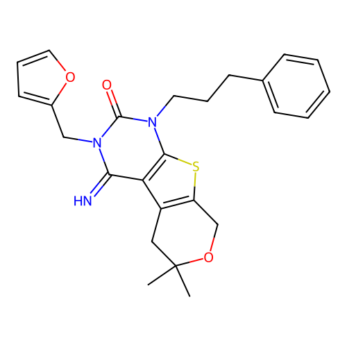 3-(furan-2-ylmethyl)-4-imino-6,6-dimethyl-1-(3-phenylpropyl)-1,3,4,5,6,8-hexahydro-2H-pyrano[4',3':4,5]thieno[2,3-d]pyrimidin-2-one structure
