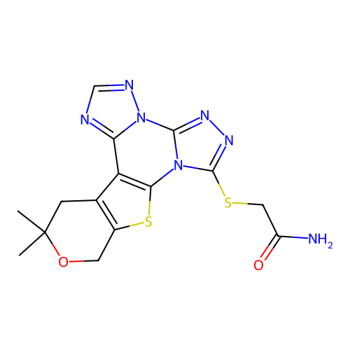 2-((12,12-dimethyl-12,13-dihydro-10H-pyrano[4',3':4,5]thieno[3,2-e]bis([1,2,4]triazolo)[4,3-a:1',5'-c]pyrimidin-7-yl)thio)acetamide structure