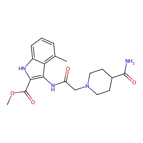 methyl 3-(2-(4-carbamoylpiperidin-1-yl)acetamido)-4-methyl-1H-indole-2-carboxylate structure