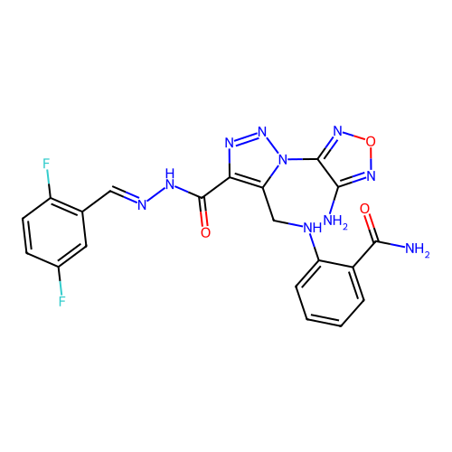 (E)-2-(((1-(4-amino-1,2,5-oxadiazol-3-yl)-4-(2-(2,5-difluorobenzylidene)hydrazinecarbonyl)-1H-1,2,3-triazol-5-yl)methyl)amino)benzamide structure