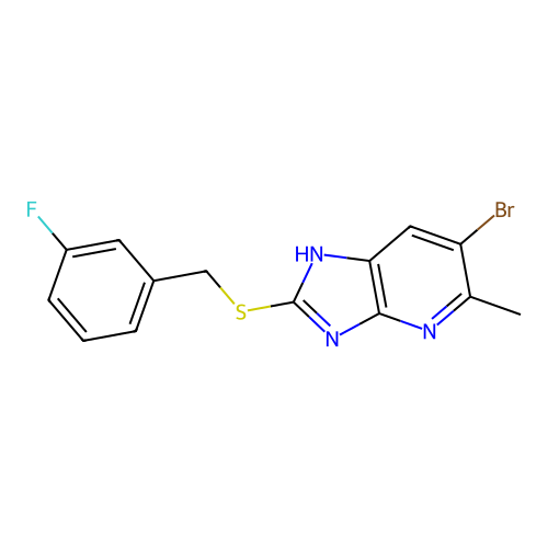 6-bromo-2-[(3-fluorobenzyl)sulfanyl]-5-methyl-3H-imidazo[4,5-b]pyridine structure