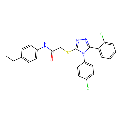2-[[5-(2-chlorophenyl)-4-(4-chlorophenyl)-1,2,4-triazol-3-yl]sulfanyl]-N-(4-ethylphenyl)acetamide structure