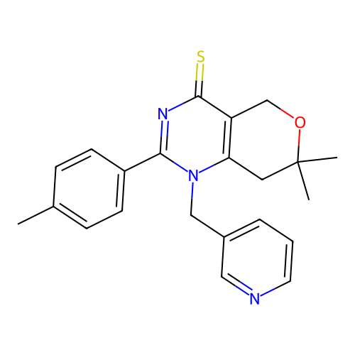 7,7-dimethyl-1-(pyridin-3-ylmethyl)-2-(p-tolyl)-7,8-dihydro-1H-pyrano[4,3-d]pyrimidine-4(5H)-thione structure