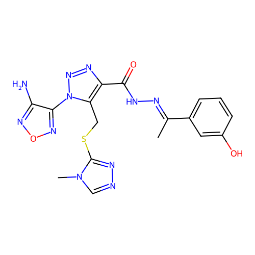 (E)-1-(4-amino-1,2,5-oxadiazol-3-yl)-N'-(1-(3-hydroxyphenyl)ethylidene)-5-(((4-methyl-4H-1,2,4-triazol-3-yl)thio)methyl)-1H-1,2,3-triazole-4-carbohydrazide structure