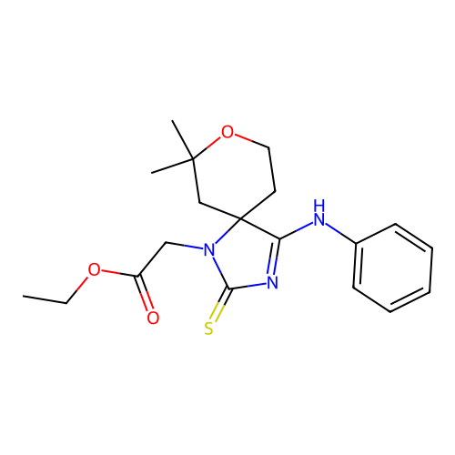(Z)-ethyl 2-(7,7-dimethyl-4-(phenylimino)-2-thioxo-8-oxa-1,3-diazaspiro[4.5]decan-1-yl)acetate structure