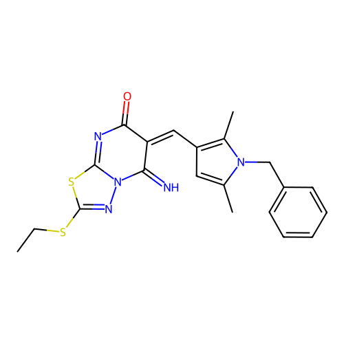 (6E)-6-[(1-benzyl-2,5-dimethyl-1H-pyrrol-3-yl)methylidene]-2-(ethylsulfanyl)-5-imino-5,6-dihydro-7H-[1,3,4]thiadiazolo[3,2-a]pyrimidin-7-one structure
