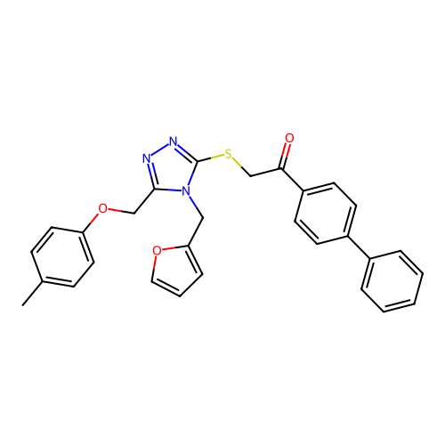 1-([1,1'-biphenyl]-4-yl)-2-((4-(furan-2-ylmethyl)-5-((p-tolyloxy)methyl)-4H-1,2,4-triazol-3-yl)thio)ethanone structure