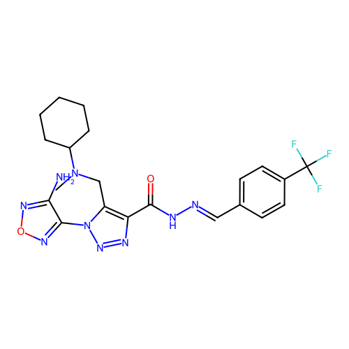 (E)-1-(4-amino-1,2,5-oxadiazol-3-yl)-5-((cyclohexyl(methyl)amino)methyl)-N'-(4-(trifluoromethyl)benzylidene)-1H-1,2,3-triazole-4-carbohydrazide structure