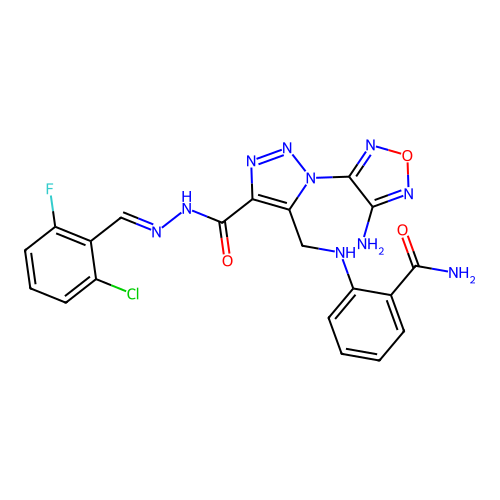 (E)-2-(((1-(4-amino-1,2,5-oxadiazol-3-yl)-4-(2-(2-chloro-6-fluorobenzylidene)hydrazinecarbonyl)-1H-1,2,3-triazol-5-yl)methyl)amino)benzamide structure