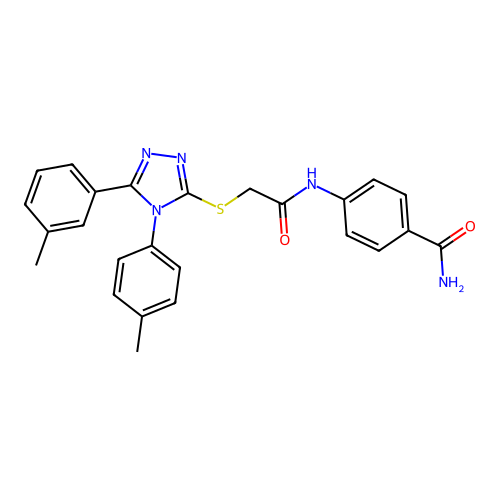 4-(2-((5-(m-tolyl)-4-(p-tolyl)-4H-1,2,4-triazol-3-yl)thio)acetamido)benzamide structure