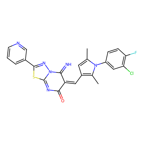 (E)-6-((1-(3-chloro-4-fluorophenyl)-2,5-dimethyl-1H-pyrrol-3-yl)methylene)-5-imino-2-(pyridin-3-yl)-5H-[1,3,4]thiadiazolo[3,2-a]pyrimidin-7(6H)-one structure