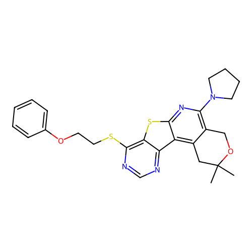 2,2-dimethyl-8-((2-phenoxyethyl)thio)-5-(pyrrolidin-1-yl)-2,4-dihydro-1H-pyrano[4'',3'':4',5']pyrido[3',2':4,5]thieno[3,2-d]pyrimidine structure
