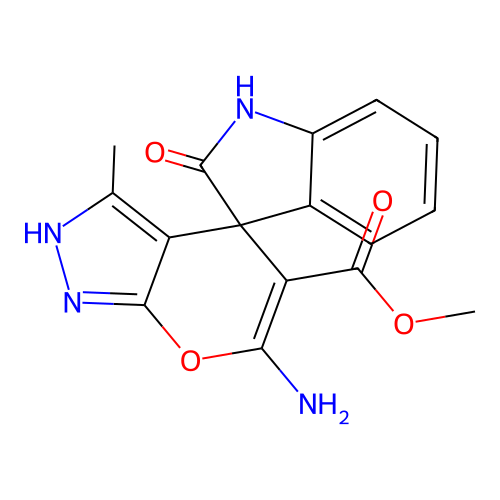 methyl 6'-amino-3'-methyl-2-oxo-1'H-spiro[indoline-3,4'-pyrano[2,3-c]pyrazole]-5'-carboxylate structure