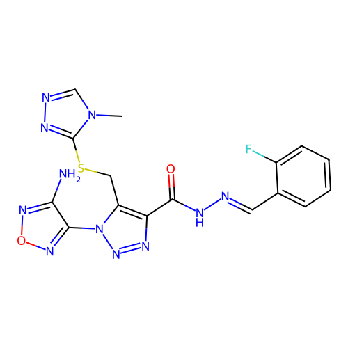 (E)-1-(4-amino-1,2,5-oxadiazol-3-yl)-N'-(2-fluorobenzylidene)-5-(((4-methyl-4H-1,2,4-triazol-3-yl)thio)methyl)-1H-1,2,3-triazole-4-carbohydrazide structure