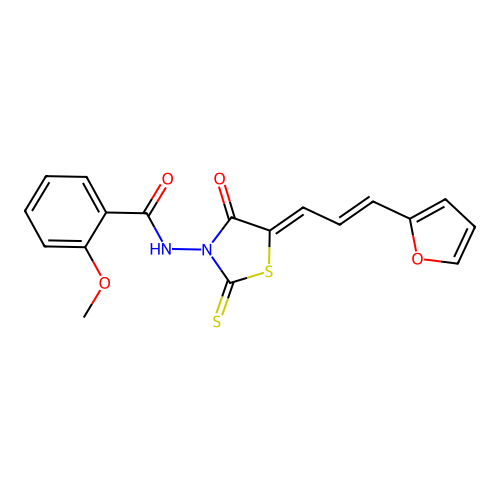 N-((Z)-5-((E)-3-(furan-2-yl)allylidene)-4-oxo-2-thioxothiazolidin-3-yl)-2-methoxybenzamide structure