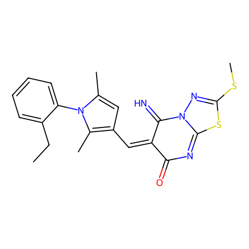 (6E)-6-[[1-(2-ethylphenyl)-2,5-dimethylpyrrol-3-yl]methylidene]-5-imino-2-methylsulfanyl-[1,3,4]thiadiazolo[3,2-a]pyrimidin-7-one structure