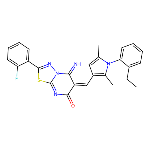 (E)-6-((1-(2-ethylphenyl)-2,5-dimethyl-1H-pyrrol-3-yl)methylene)-2-(2-fluorophenyl)-5-imino-5H-[1,3,4]thiadiazolo[3,2-a]pyrimidin-7(6H)-one structure