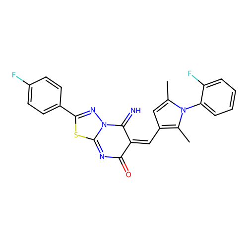 (E)-2-(4-fluorophenyl)-6-((1-(2-fluorophenyl)-2,5-dimethyl-1H-pyrrol-3-yl)methylene)-5-imino-5H-[1,3,4]thiadiazolo[3,2-a]pyrimidin-7(6H)-one structure