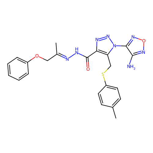 (E)-1-(4-amino-1,2,5-oxadiazol-3-yl)-N'-(1-phenoxypropan-2-ylidene)-5-((p-tolylthio)methyl)-1H-1,2,3-triazole-4-carbohydrazide structure