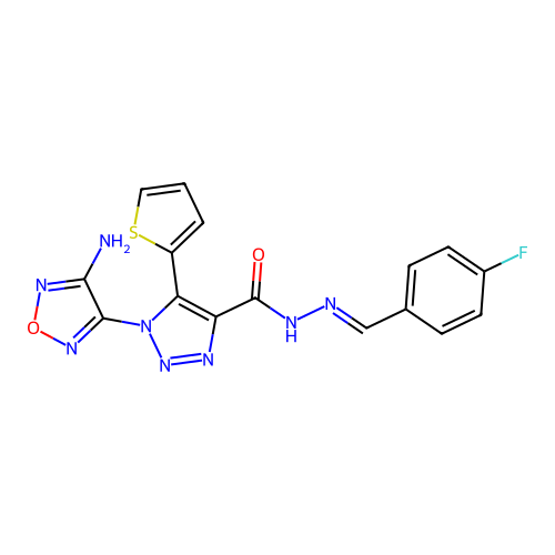 (E)-1-(4-amino-1,2,5-oxadiazol-3-yl)-N'-(4-fluorobenzylidene)-5-(thiophen-2-yl)-1H-1,2,3-triazole-4-carbohydrazide structure