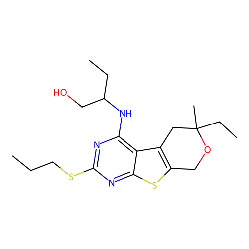 2-((6-ethyl-6-methyl-2-(propylthio)-6,8-dihydro-5H-pyrano[4',3':4,5]thieno[2,3-d]pyrimidin-4-yl)amino)butan-1-ol structure