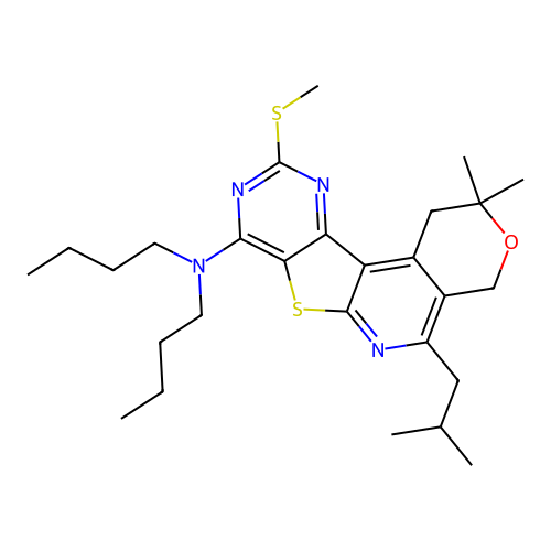N,N-dibutyl-2,2-dimethyl-5-(2-methylpropyl)-10-(methylsulfanyl)-1,4-dihydro-2H-pyrano[4'',3'':4',5']pyrido[3',2':4,5]thieno[3,2-d]pyrimidin-8-amine structure