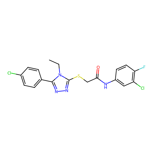 N-(3-chloro-4-fluorophenyl)-2-{[5-(4-chlorophenyl)-4-ethyl-4H-1,2,4-triazol-3-yl]sulfanyl}acetamide structure