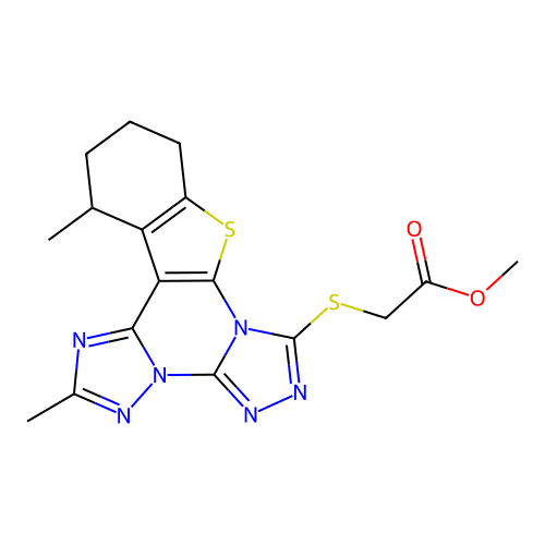 methyl [(2,13-dimethyl-10,11,12,13-tetrahydro[1]benzothieno[3,2-e]bis[1,2,4]triazolo[4,3-a:1',5'-c]pyrimidin-7-yl)sulfanyl]acetate structure