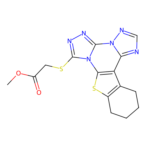methyl (10,11,12,13-tetrahydro[1]benzothieno[3,2-e]bis[1,2,4]triazolo[4,3-a:1',5'-c]pyrimidin-7-ylsulfanyl)acetate structure
