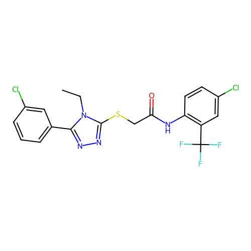2-[[5-(3-chlorophenyl)-4-ethyl-1,2,4-triazol-3-yl]sulfanyl]-N-[4-chloro-2-(trifluoromethyl)phenyl]acetamide structure