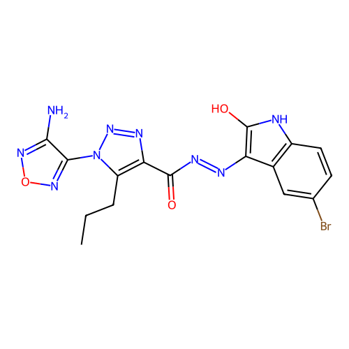(Z)-1-(4-amino-1,2,5-oxadiazol-3-yl)-N'-(5-bromo-2-oxoindolin-3-ylidene)-5-propyl-1H-1,2,3-triazole-4-carbohydrazide structure