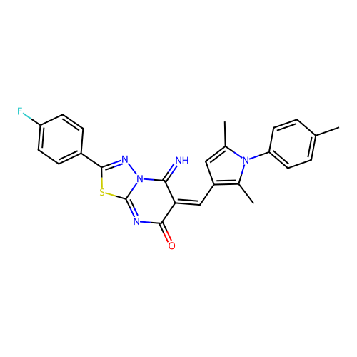 (E)-6-((2,5-dimethyl-1-(p-tolyl)-1H-pyrrol-3-yl)methylene)-2-(4-fluorophenyl)-5-imino-5H-[1,3,4]thiadiazolo[3,2-a]pyrimidin-7(6H)-one structure