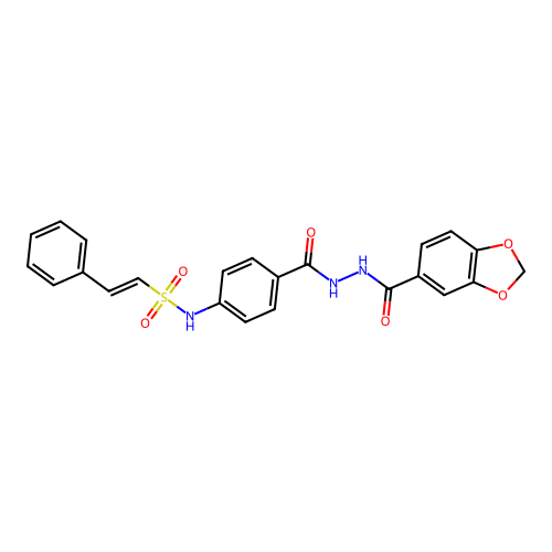(E)-N-[4-[(1,3-benzodioxole-5-carbonylamino)carbamoyl]phenyl]-2-phenylethenesulfonamide structure