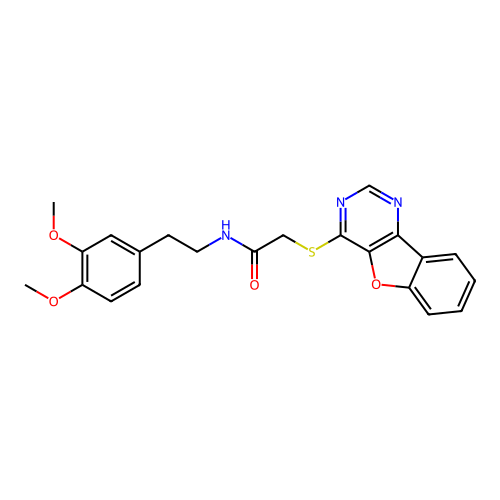 2-([1]benzofuro[3,2-d]pyrimidin-4-ylsulfanyl)-N-[2-(3,4-dimethoxyphenyl)ethyl]acetamide structure