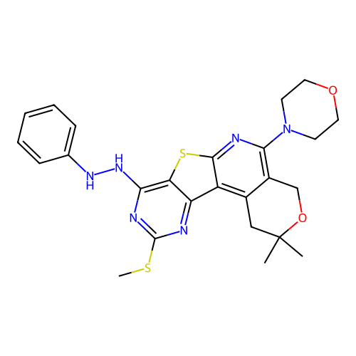 2,2-dimethyl-10-(methylsulfanyl)-5-(morpholin-4-yl)-8-(2-phenylhydrazinyl)-1,4-dihydro-2H-pyrano[4'',3'':4',5']pyrido[3',2':4,5]thieno[3,2-d]pyrimidine structure