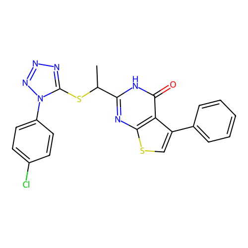 2-[(1S)-1-[1-(4-chlorophenyl)tetrazol-5-yl]sulfanylethyl]-5-phenyl-3H-thieno[2,3-d]pyrimidin-4-one structure