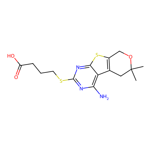 4-((4-amino-6,6-dimethyl-6,8-dihydro-5H-pyrano[4',3':4,5]thieno[2,3-d]pyrimidin-2-yl)thio)butanoic acid structure