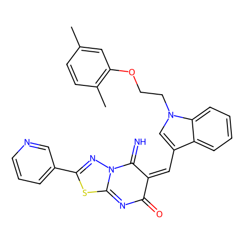 (E)-6-((1-(2-(2,5-dimethylphenoxy)ethyl)-1H-indol-3-yl)methylene)-5-imino-2-(pyridin-3-yl)-5H-[1,3,4]thiadiazolo[3,2-a]pyrimidin-7(6H)-one structure