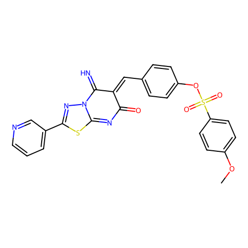 (Z)-4-((5-imino-7-oxo-2-(pyridin-3-yl)-5H-[1,3,4]thiadiazolo[3,2-a]pyrimidin-6(7H)-ylidene)methyl)phenyl 4-methoxybenzenesulfonate structure
