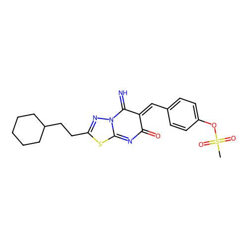(Z)-4-((2-(2-cyclohexylethyl)-5-imino-7-oxo-5H-[1,3,4]thiadiazolo[3,2-a]pyrimidin-6(7H)-ylidene)methyl)phenyl methanesulfonate structure