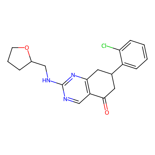 7-(2-chlorophenyl)-2-[(tetrahydrofuran-2-ylmethyl)amino]-7,8-dihydroquinazolin-5(6H)-one structure